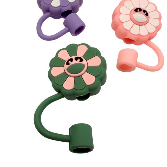Smiley Flower Silicone Straw Toppers Set of 3 Fits 10mm Straws Cute Girly Floral - Picture 2 of 5